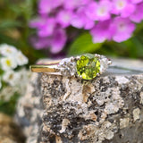 14k gold two tone peridot & diamond 3-stone ring