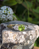 14k gold two tone peridot & diamond 3-stone ring