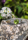 14k gold two tone peridot & diamond 3-stone ring