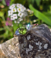 14k gold two tone peridot & diamond 3-stone ring