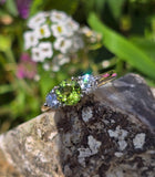 14k gold two tone peridot & diamond 3-stone ring