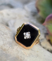 10k gold two tone vintage Deco black onyx & diamond ring