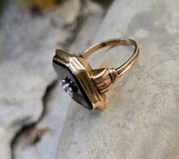 10k gold two tone vintage Deco black onyx & diamond ring
