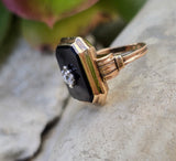10k gold two tone vintage Deco black onyx & diamond ring