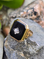 10k gold two tone vintage Deco black onyx & diamond ring