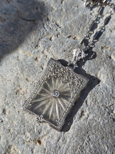 14k white gold Deco c.1920's filigree etched quartz & diamond pendant necklace