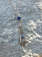 14k white gold Deco c.1920's filigree diamond & sapphire pendant necklace