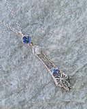 14k white gold Deco c.1920's filigree diamond & sapphire pendant necklace