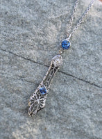 14k white gold Deco c.1920's filigree diamond & sapphire pendant necklace