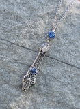 14k white gold Deco c.1920's filigree diamond & sapphire pendant necklace