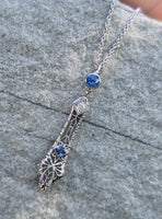 14k white gold Deco c.1920's filigree diamond & sapphire pendant necklace