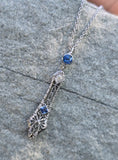 14k white gold Deco c.1920's filigree diamond & sapphire pendant necklace