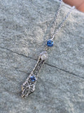 14k white gold Deco c.1920's filigree diamond & sapphire pendant necklace