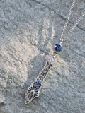 14k white gold Deco c.1920's filigree diamond & sapphire pendant necklace