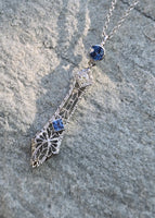 14k white gold Deco c.1920's filigree diamond & sapphire pendant necklace