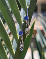 14k gold Art Deco pearl and sapphire earring dangle drops