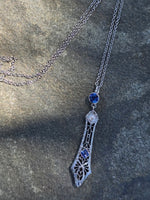 14k white gold Deco c.1920's filigree diamond & sapphire pendant necklace