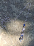 14k white gold Deco c.1920's filigree diamond & sapphire pendant necklace