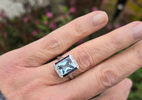 14k white gold filigree ART DECO aquamarine, onyx & diamond ring!!!