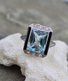 14k white gold filigree ART DECO aquamarine, onyx & diamond ring!!!