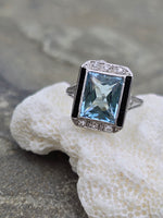 14k white gold filigree ART DECO aquamarine, onyx & diamond ring!!!