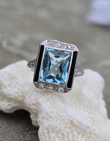 14k white gold filigree ART DECO aquamarine, onyx & diamond ring!!!