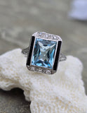 14k white gold filigree ART DECO aquamarine, onyx & diamond ring!!!