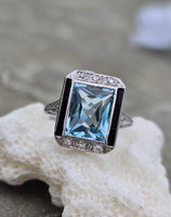 14k white gold filigree ART DECO aquamarine, onyx & diamond ring!!!