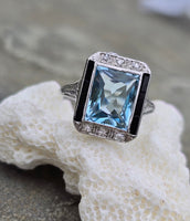 14k white gold filigree ART DECO aquamarine, onyx & diamond ring!!!