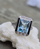 14k white gold filigree ART DECO aquamarine, onyx & diamond ring!!!