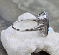 14k white gold filigree ART DECO aquamarine, onyx & diamond ring!!!
