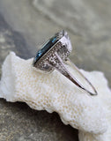 14k white gold filigree ART DECO aquamarine, onyx & diamond ring!!!