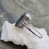 14k white gold filigree ART DECO aquamarine, onyx & diamond ring!!!