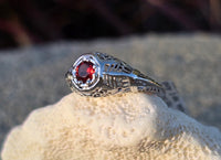 14k white gold Art Deco garnet filigree antique ring