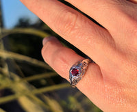 14k white gold Art Deco garnet filigree antique ring