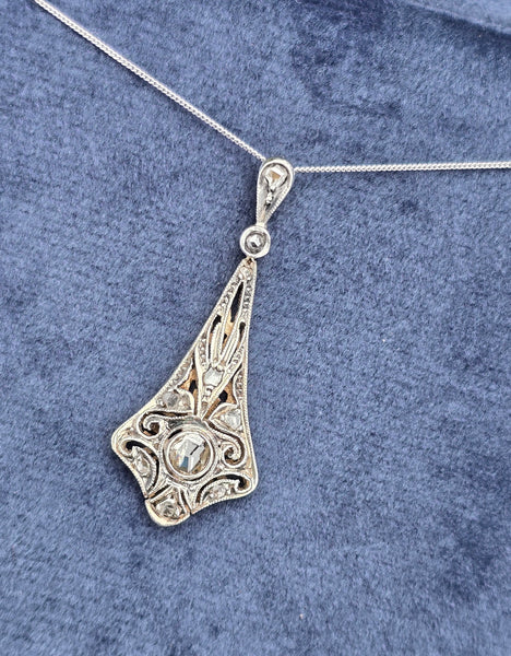 Silver top & 9ct gold two tone Edwardian diamond pendant necklace lavaliere