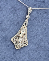 Silver top & 9ct gold two tone Edwardian diamond pendant necklace lavaliere