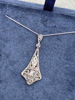 Silver top & 9ct gold two tone Edwardian diamond pendant necklace lavaliere