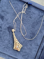 Silver top & 9ct gold two tone Edwardian diamond pendant necklace lavaliere