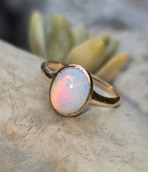 14k gold Victorian opal cabochon bezel solitaire ring