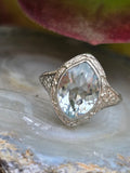 14k white gold c.1920's filigree Aquamarine ring