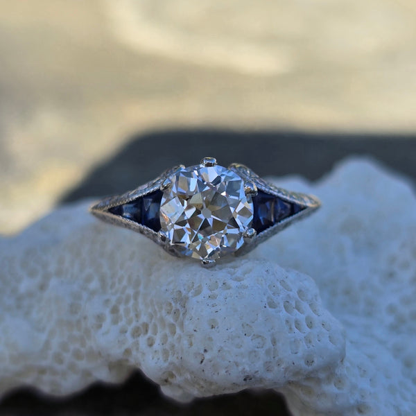 Platinum & 18ct gold two tone Art Deco diamond & sapphire engagement wedding ring