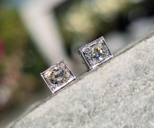 Platinum top - 14k gold old mine cut diamond studs earrings - apx .40ct tw