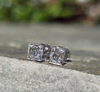 Platinum top - 14k gold old mine cut diamond studs earrings - apx .64ct tw