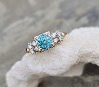 14k gold two tone natural blue zircon & diamond estate ring