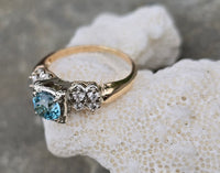 14k gold two tone natural blue zircon & diamond estate ring