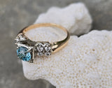 14k gold two tone natural blue zircon & diamond estate ring