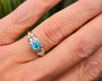 14k gold two tone natural blue zircon & diamond estate ring