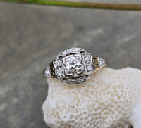 14k gold two tone diamond estate Deco engagement c.1930's ring