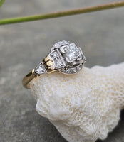 14k gold two tone diamond estate Deco engagement c.1930's ring